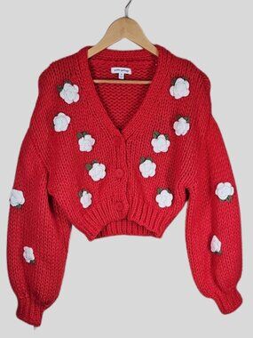 Pretty Garbage Red Knit Cardigan M Rose Applique Crop Cottagecore Coquette